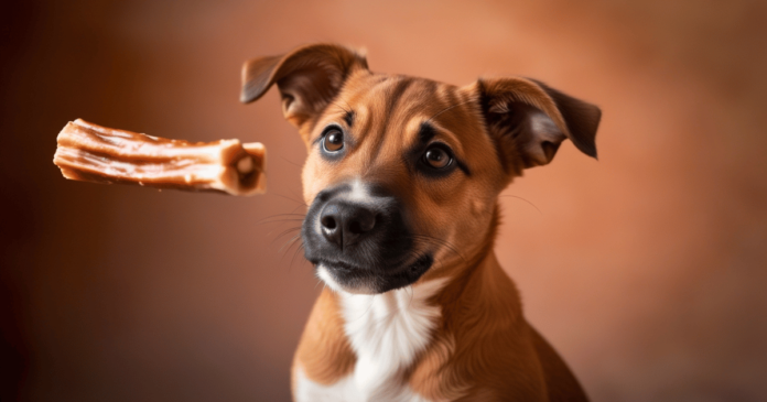 Are bully sticks good for dogs? A dog staring at a bully stick, evaluating the treat for safety and benefits.