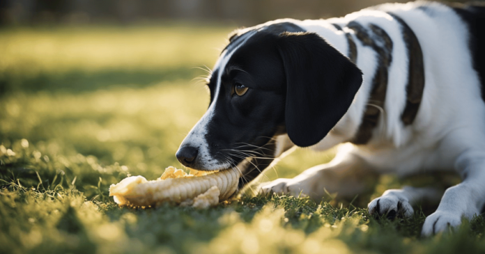 A close-up of a dog chewing on a chicken foot treat.