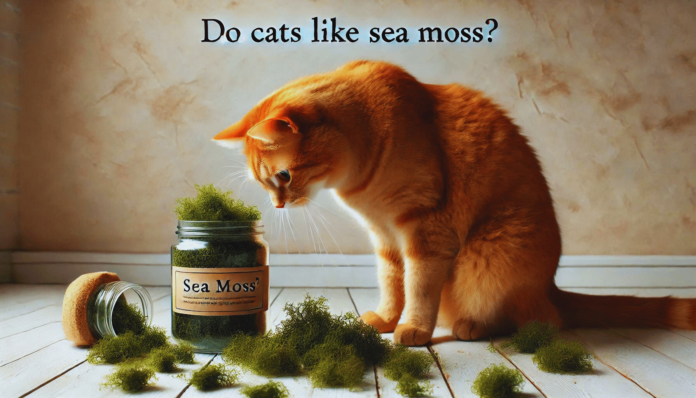 An orange tabby cat curiously examining a jar of sea moss, with sea moss spread out on the floor.