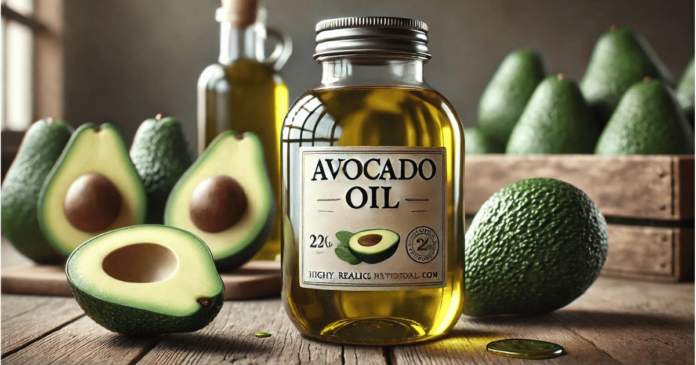 Glass jar of avocado oil with a metal cap on a wooden table, next to whole and sliced avocados, illustrating the question 'Can dogs have avocado oil?