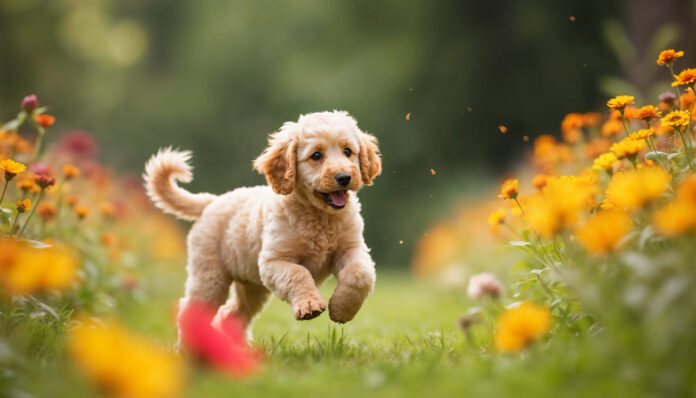 A playful Cocker Spaniel puppy running through a flower field, showcasing potential environmental dangers for pets.