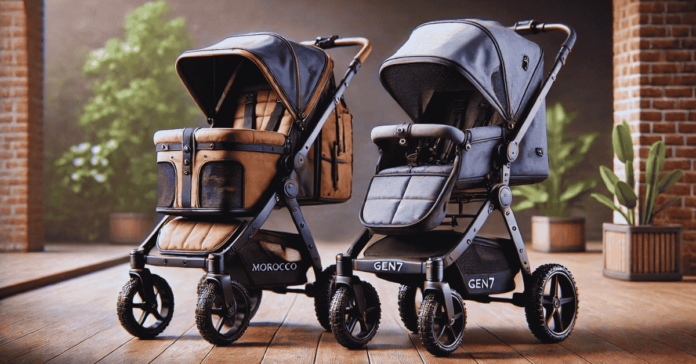 A comparison of the Morocco Premium Dog Stroller and the Gen7, highlighting differences in all-terrain wheels, suspension, and canopy size.